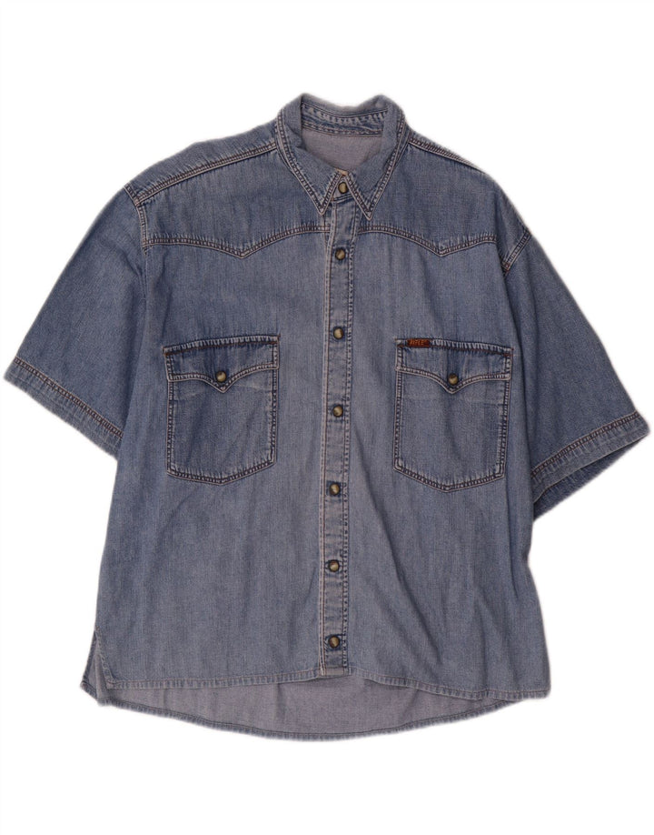 RIFLE Camicia di jeans a maniche corte da uomo in cotone blu medio