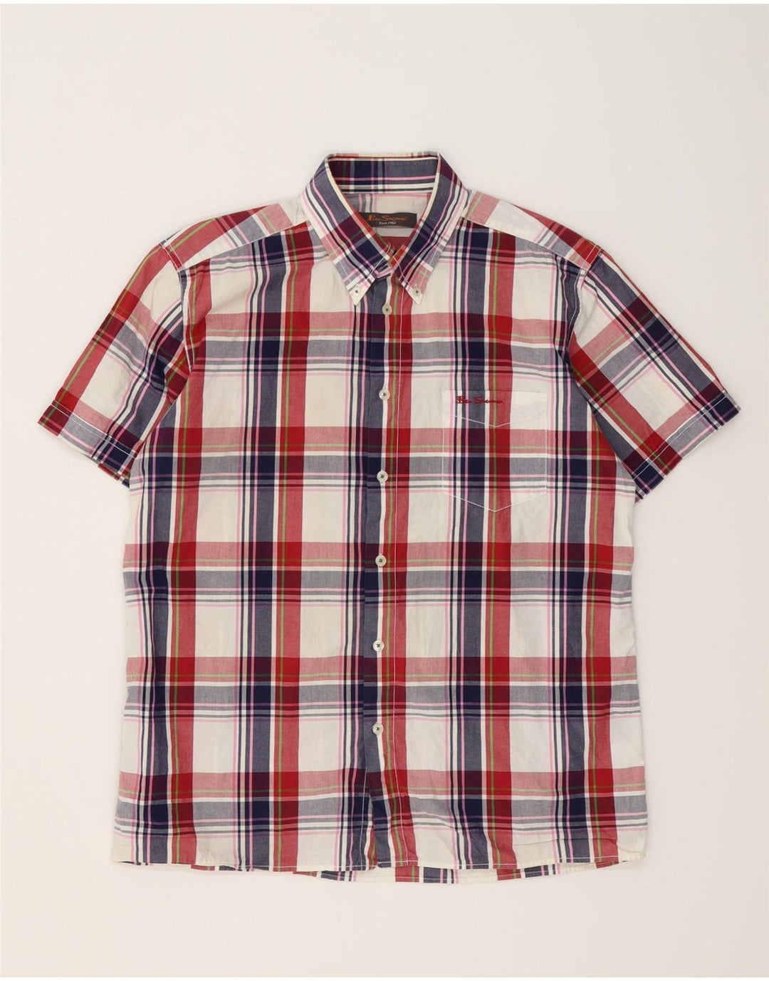 BEN SHERMAN Camicia a maniche corte da uomo in cotone a quadri multicolore grande