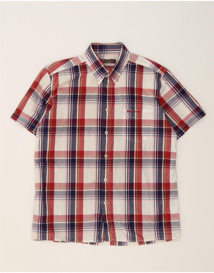 BEN SHERMAN Camicia a maniche corte da uomo in cotone a quadri multicolore grande