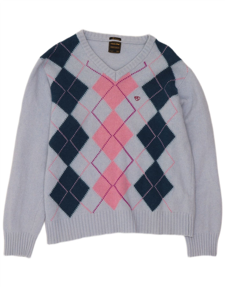 Meltin' Pot maglione da donna con scollo a V, grande lana blu a rombi/diamante