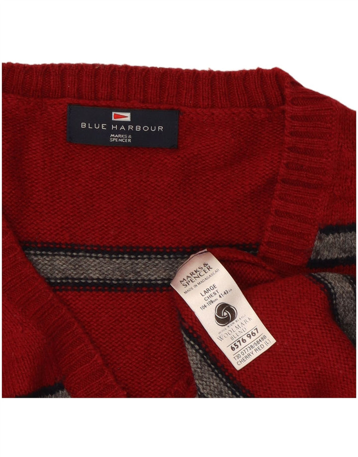 Marks & Spencer Maglione da uomo con scollo a V blu Harbour a righe rosse grandi