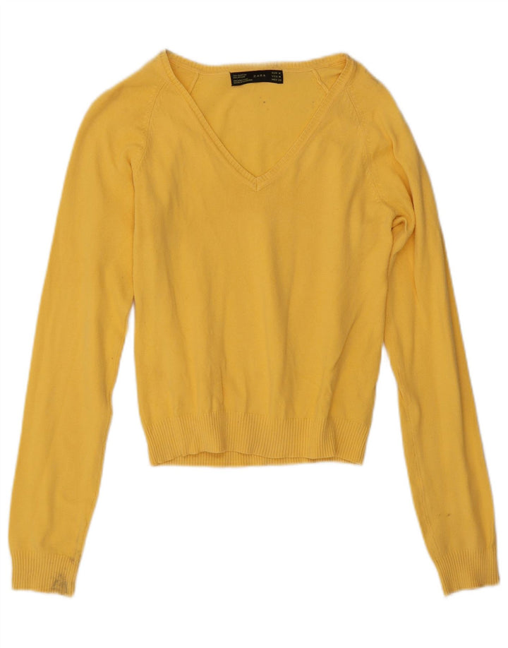 Maglione maglione con scollo a V da donna Zara UK 12 cotone giallo medio
