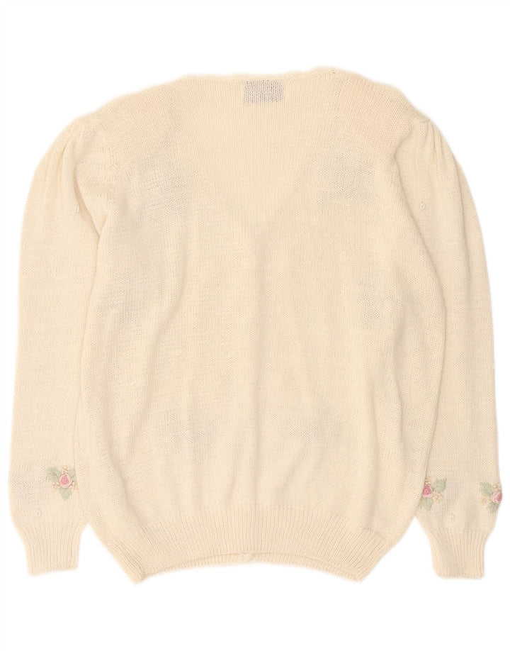 Maglione cardigan da donna vintage UK 14 medio bianco sporco floreale