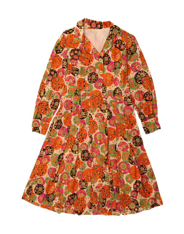 Abito a trapezio a maniche lunghe da donna vintage UK 12 floreale multicolore medio