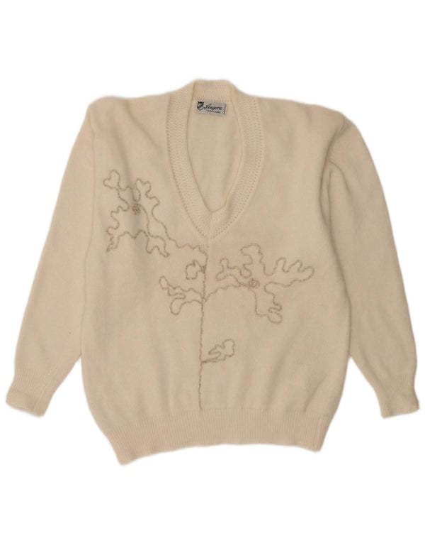 Maglione da donna vintage con motivo astratto con scollo a V, UK 16, grande bianco