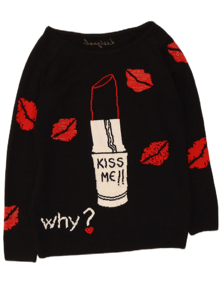 Desigual Donna Maglione con scollo a barchetta con grafica UK 12 Medio Nero