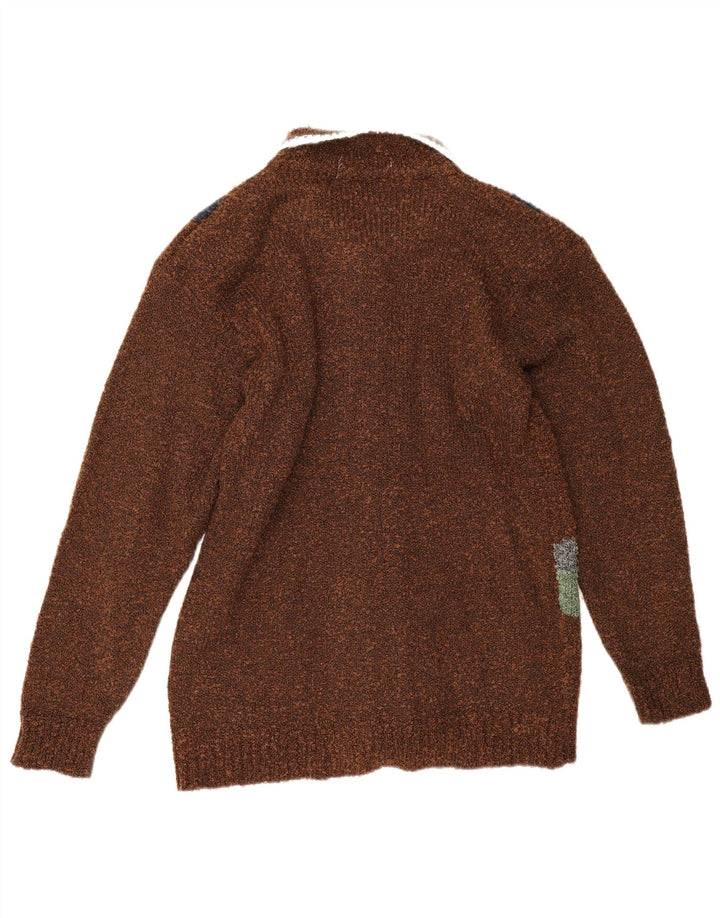 Maglione cardigan da donna vintage UK 16 grande marrone geometrico