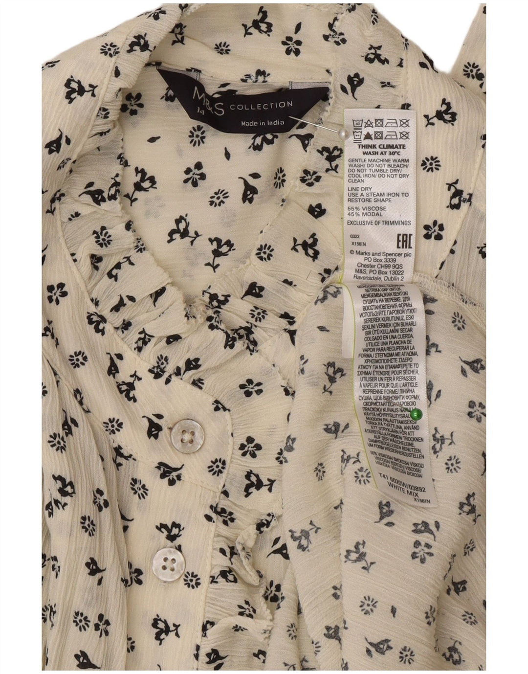 Camicetta camicia oversize da donna Marks & Spencer UK 14 grande floreale bianco sporco