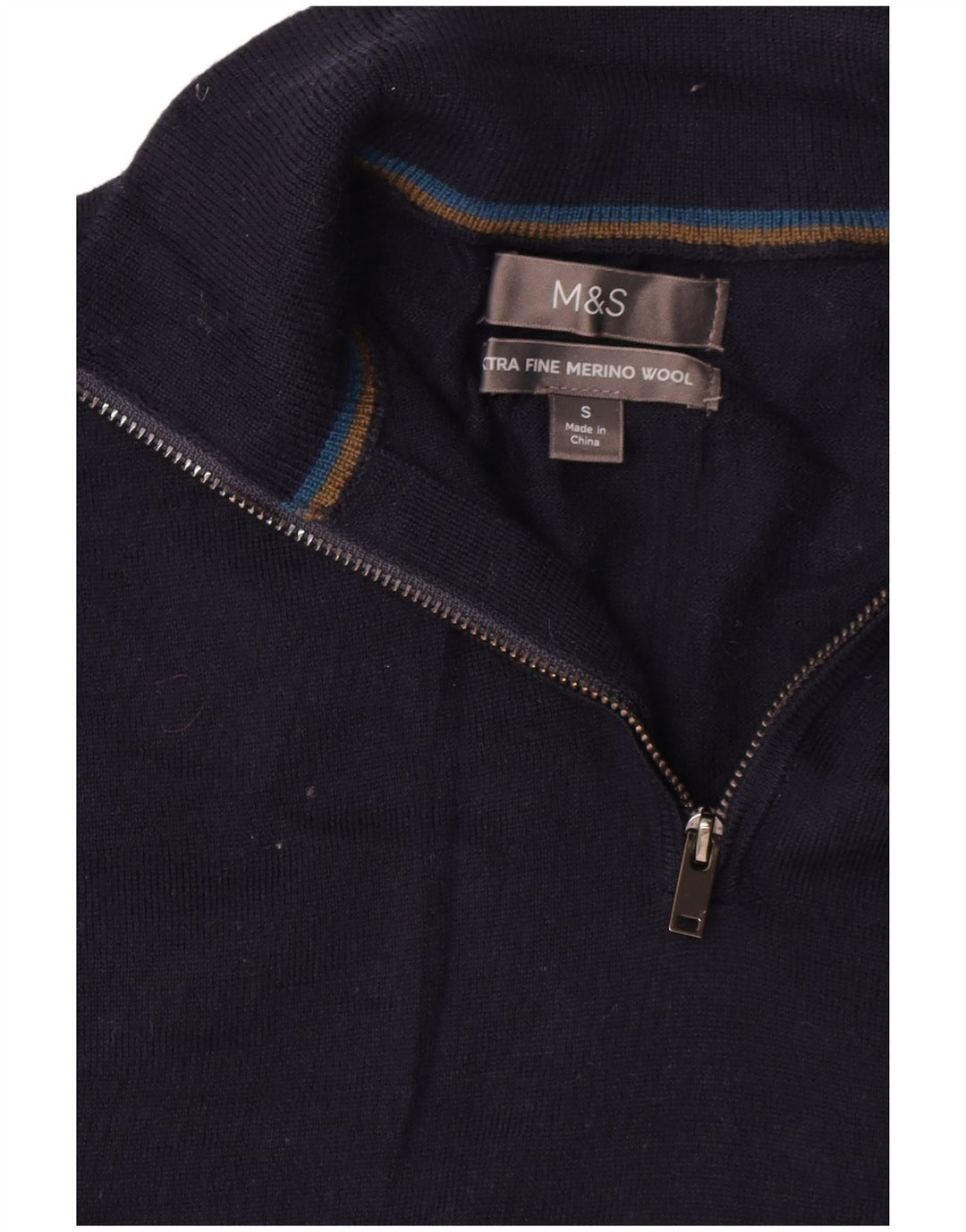 Maglione da uomo Marks & Spencer con zip e collo piccolo in lana merino blu navy