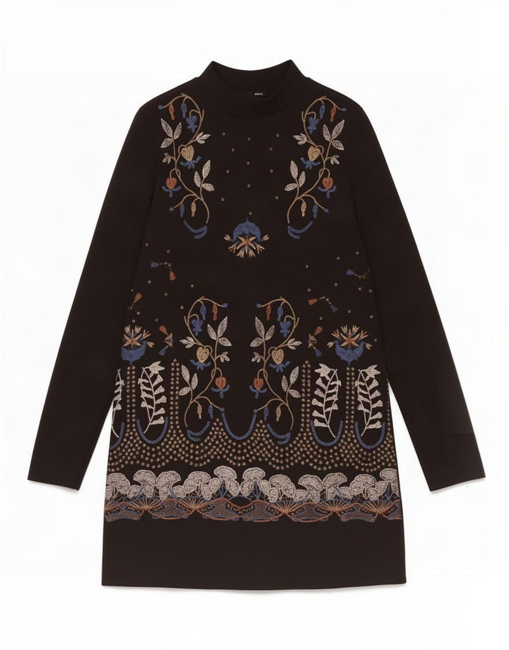 Abito a trapezio a maniche lunghe da donna Zara UK 12 Poliestere floreale nero medio
