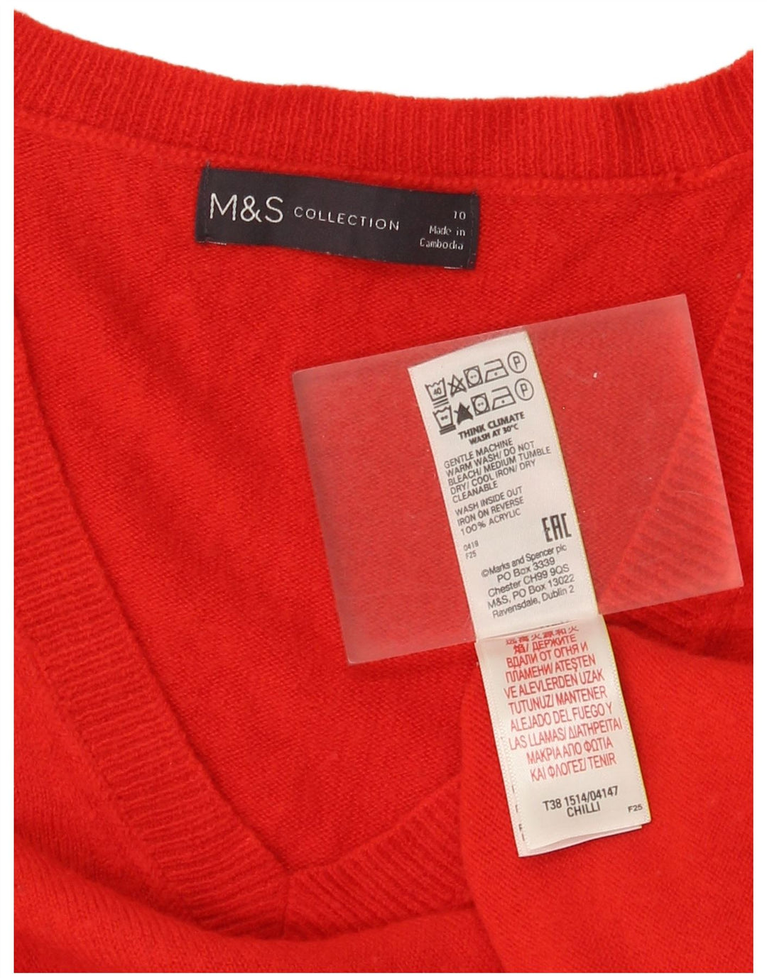 Maglione da donna con scollo a V Marks & Spencer UK 10 piccolo acrilico rosso