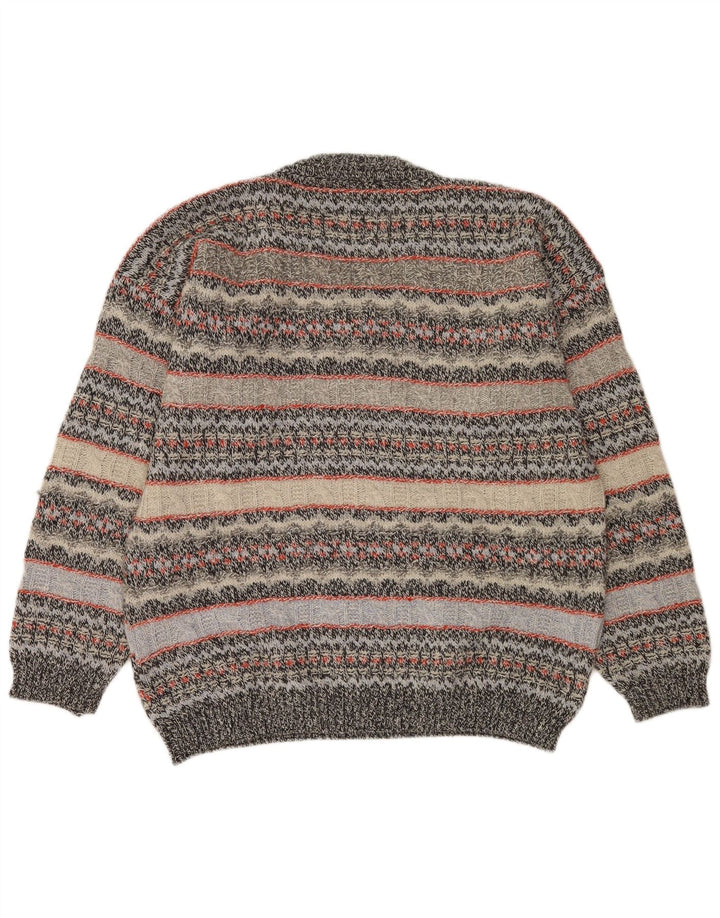 Maglione vintage da uomo con scollo a V XL in lana a righe grigie