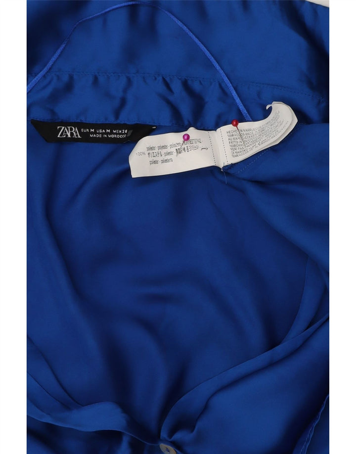 ZARA Camicia Camicetta da Donna UK 14 Blu Medio Poliestere