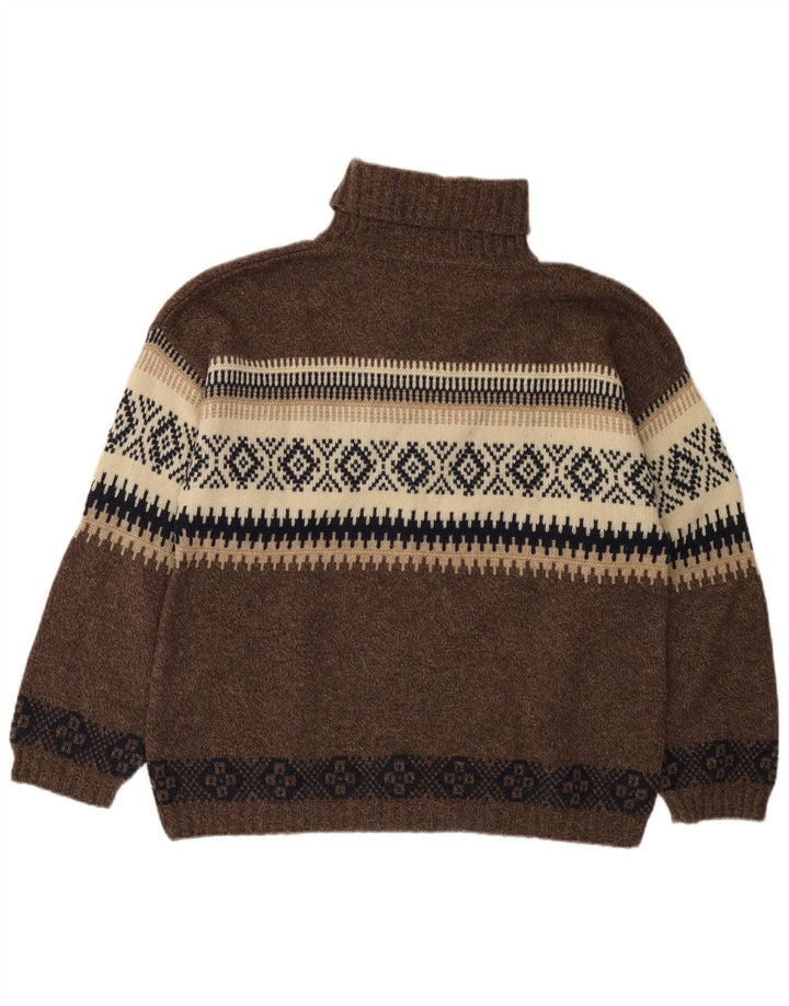 Maglione da uomo con collo alto color limone, lana Fair Isle marrone medio