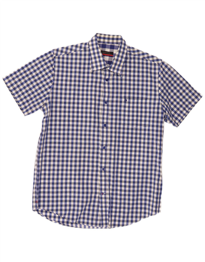 Camicia a maniche corte da uomo Pierre Cardin in cotone a quadretti blu medio