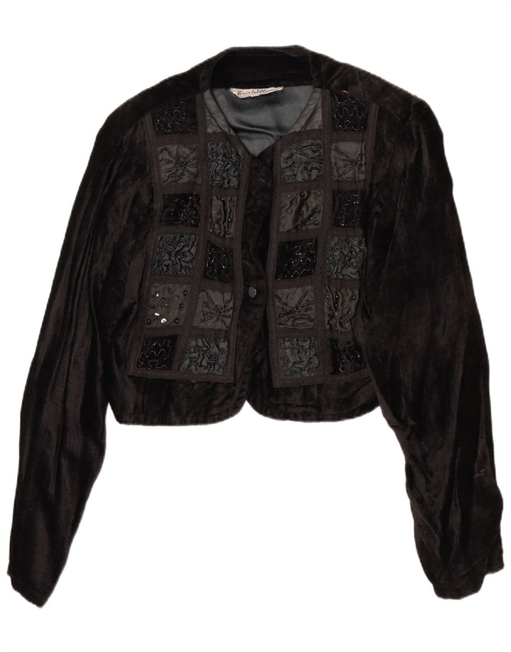 Giacca Bolero vintage da donna in velluto UK 12 Patchwork medio nero