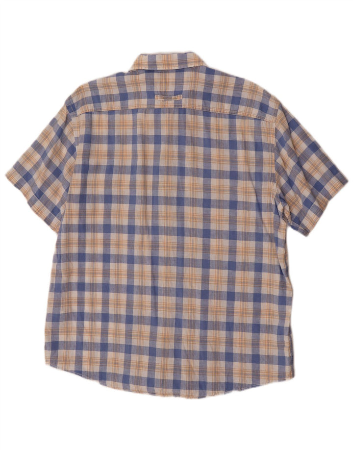 Camicia a maniche corte da uomo color cammello in lino a quadri blu grande