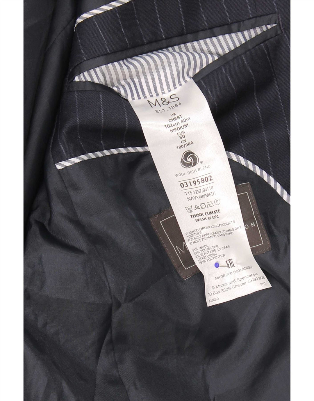 Giacca blazer da uomo Marks & Spencer UK 40 medio blu navy gessato