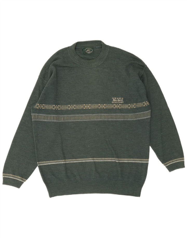Maglione girocollo da uomo vintage in lana geometrica verde medio