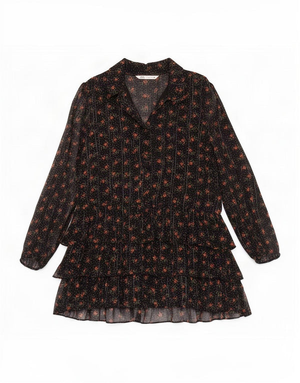 Abito a strati a maniche lunghe da donna Zara UK 10 piccolo in viscosa floreale nera