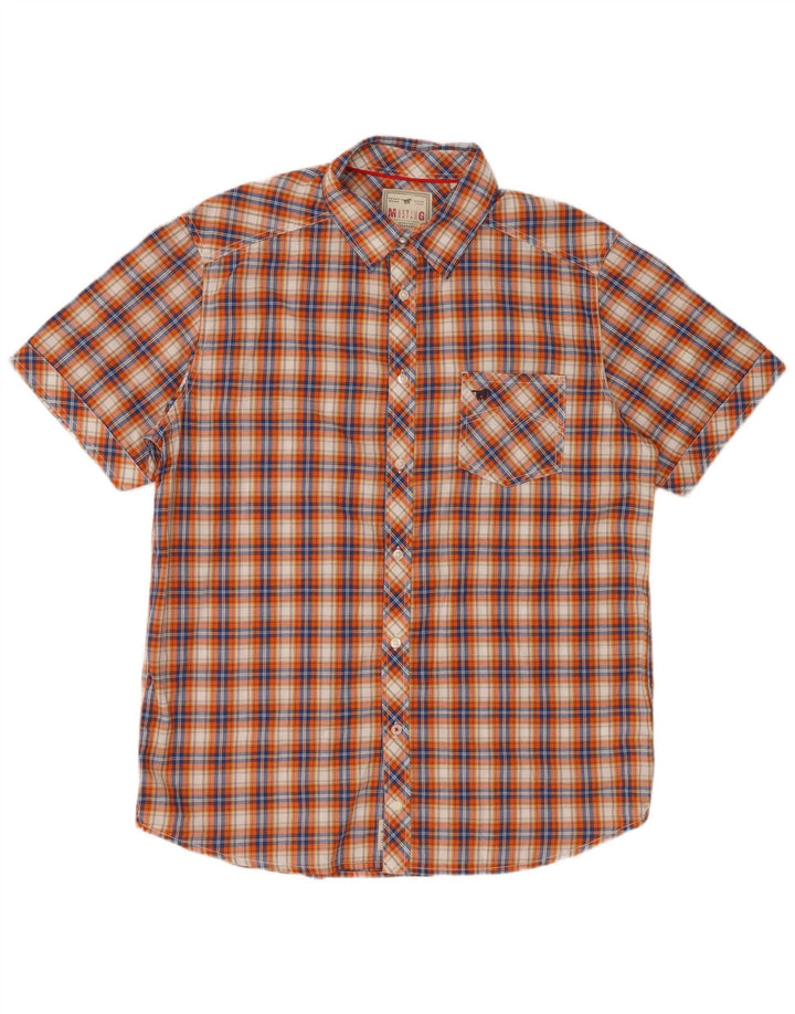 Mustang Camicia a maniche corte da uomo in cotone a quadri arancioni grandi