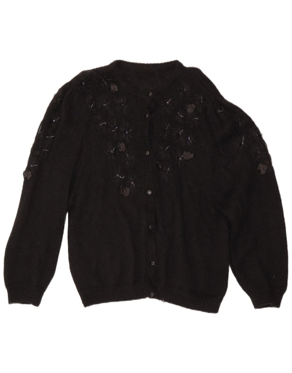 Maglione cardigan oversize da donna vintage UK 16 grande floreale nero