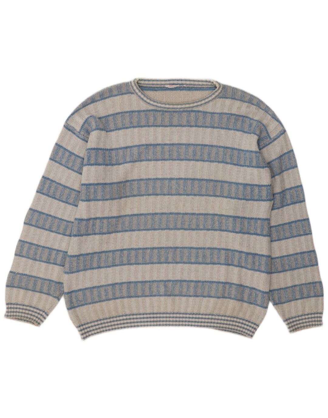 VINTAGE Mens Crew Neck Jumper Sweater Large Blue Striped