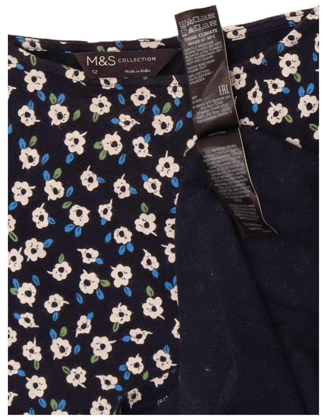 Marks & Spencer Top da donna manica 3/4 UK 12 cotone floreale medio blu navy