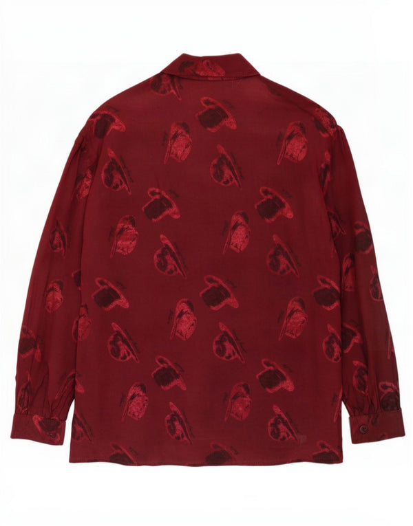 Camicetta camicia vintage da donna con motivo astratto UK 14 Viscosa bordeaux media