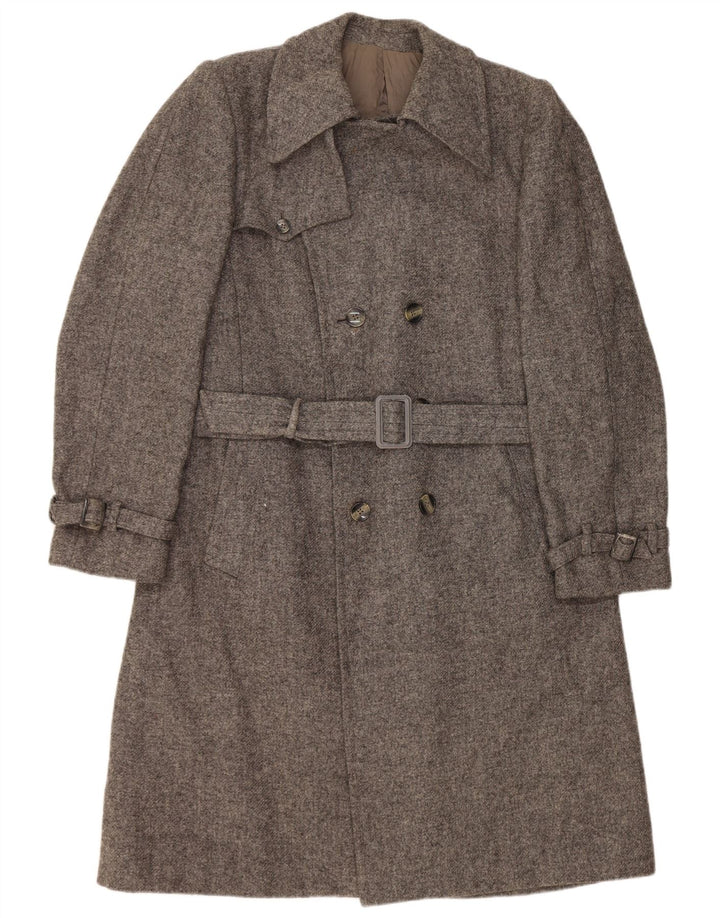Cappotto doppiopetto vintage da donna UK 14 Lana vergine screziata grigio medio