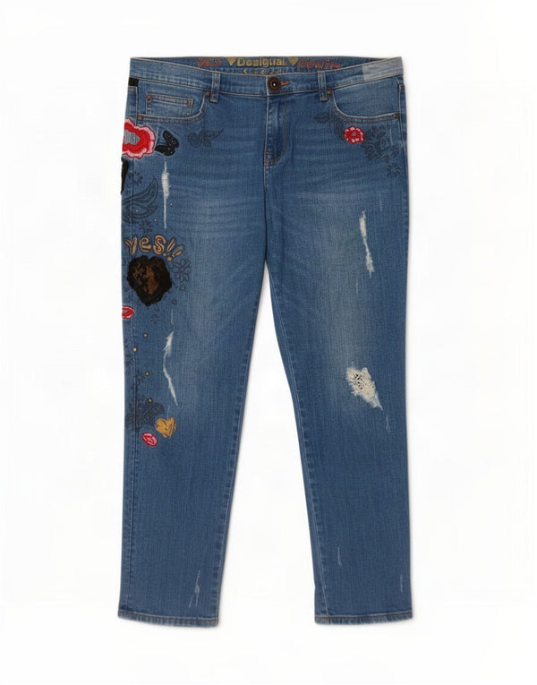 Desigual Womens Graphic Slim Jeans W34 L28 Blue Floral Cotton