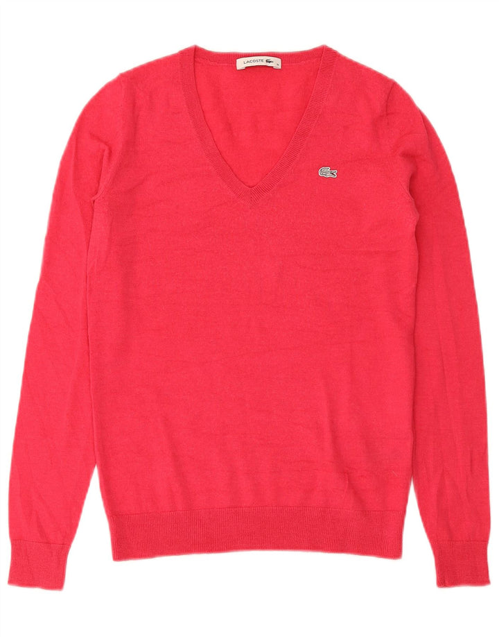 Maglione da donna con scollo a V Lacoste taglia 36 piccolo in lana merino rossa