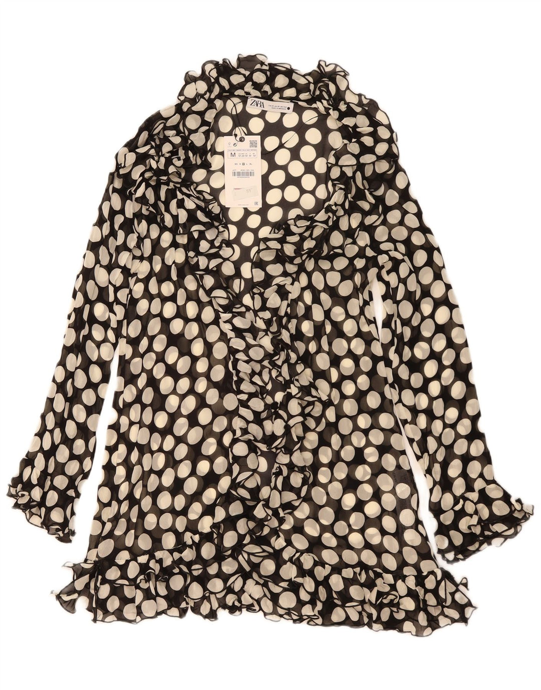 Abito a vestaglia Zara da donna con volant sul davanti UK 12 viscosa media nera a pois