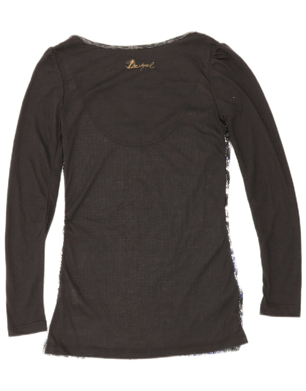 DESIGUAL Top grafico da donna manica lunga UK 10 piccolo poliestere nero
