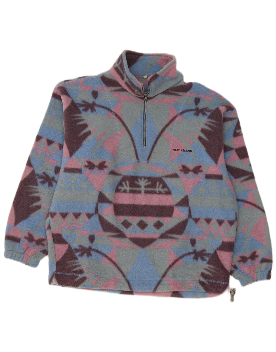 Maglione in pile vintage da uomo con zip e collo, grande, Fair Isle multicolore