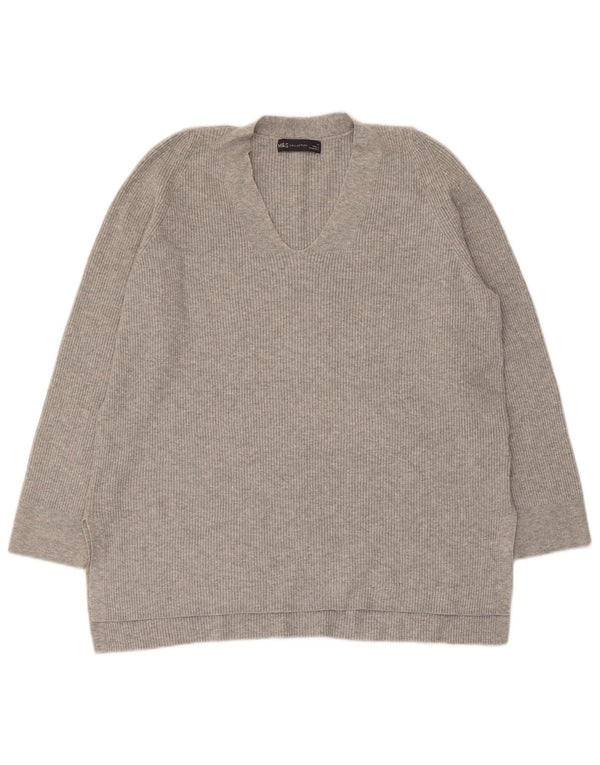 Maglione con scollo a V da donna Marks & Spencer UK 14 Large Viscosa grigia
