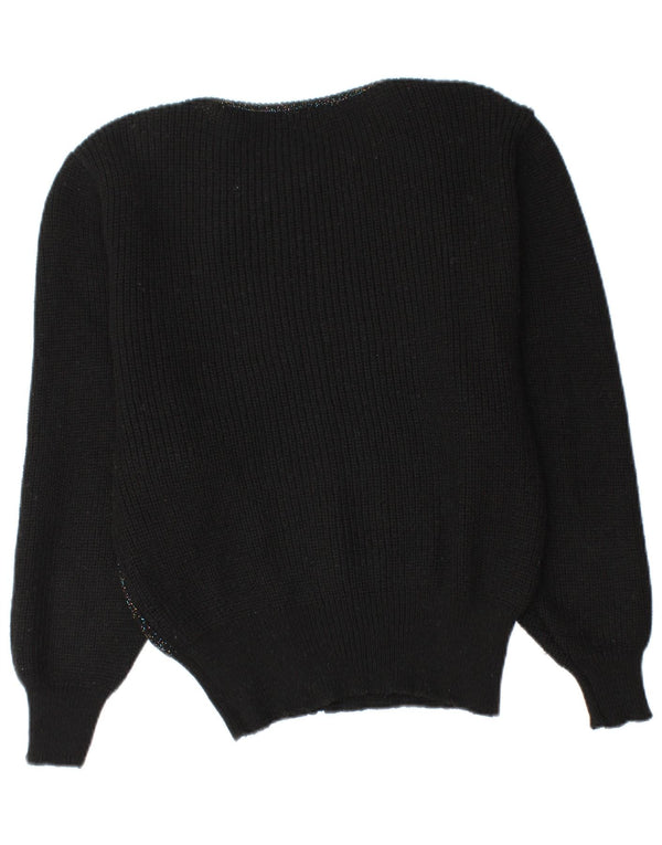 Maglione maglione vintage da donna con scollo a barca UK 12 medio nero floreale