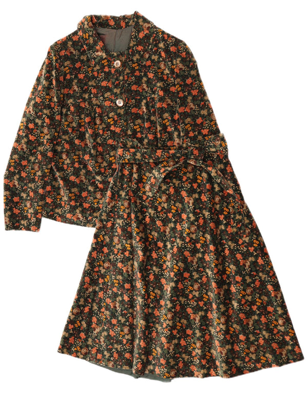 Set gonna vintage in velluto da donna in 2 pezzi UK 12 medio W25 verde floreale