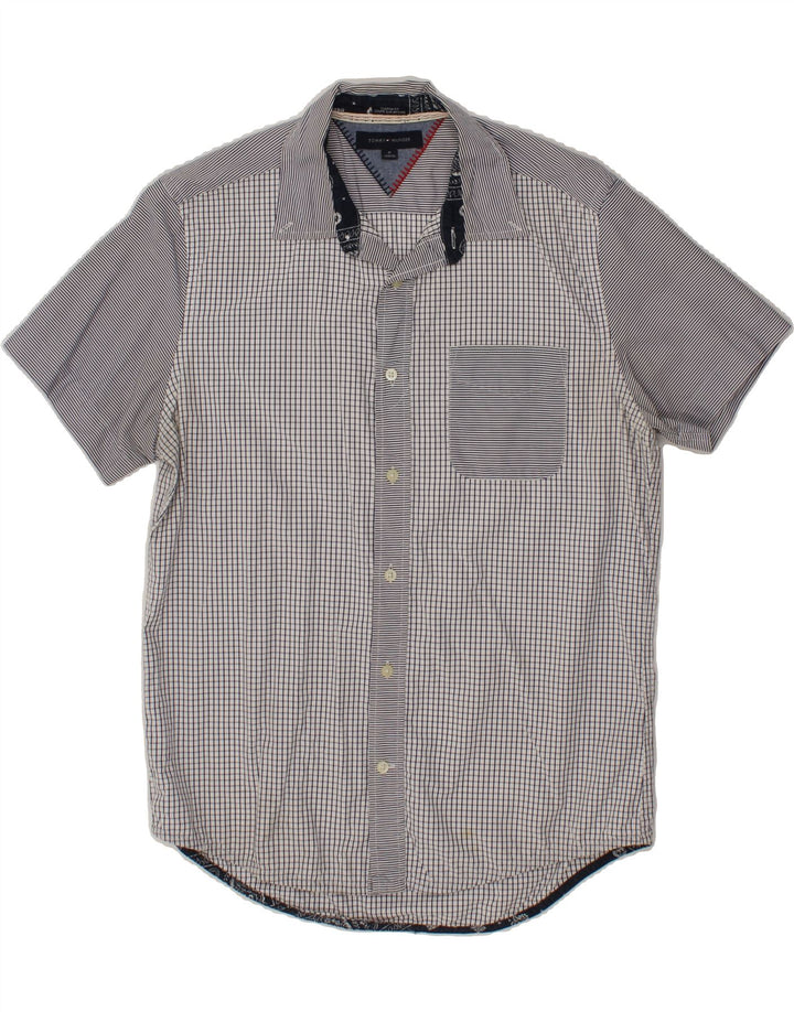 TOMMY HILFIGER Mens Short Sleeve Shirt Medium Navy Blue Check Cotton Vintage Tommy Hilfiger and Second-Hand Tommy Hilfiger from Messina Hembry 