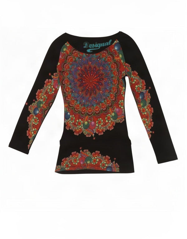 Desigual Donna Graphic Top Manica Lunga UK 8 Piccolo Nero Paisley