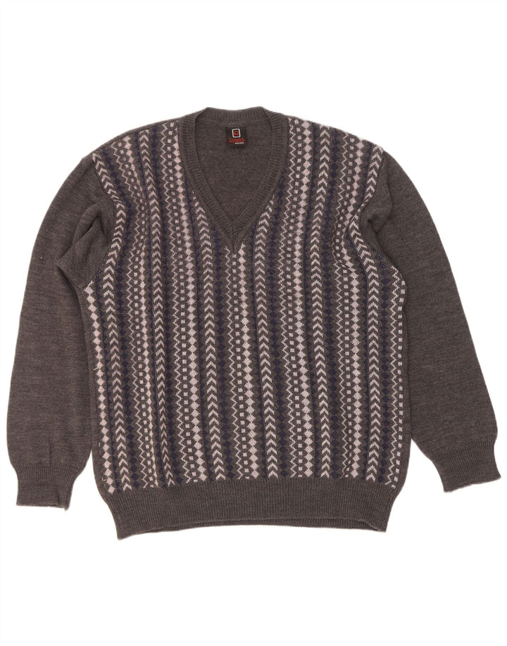 Maglione Rinaldi da uomo con scollo a V in lana geometrica grigio medio