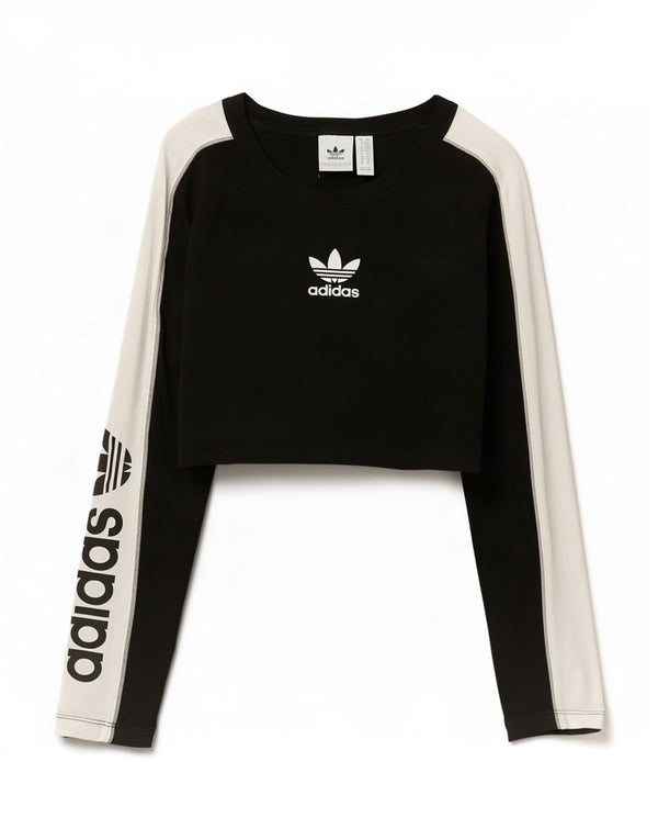 Adidas Donna Crop Graphic Top Manica Lunga UK 6 XS Nero Colourblock Cotone