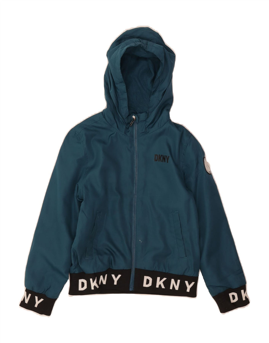 DKNY Girls Graphic Windbreaker Jacket 7-8 Years Small Blue Colourblock Vintage Dkny and Second-Hand Dkny from Messina Hembry 