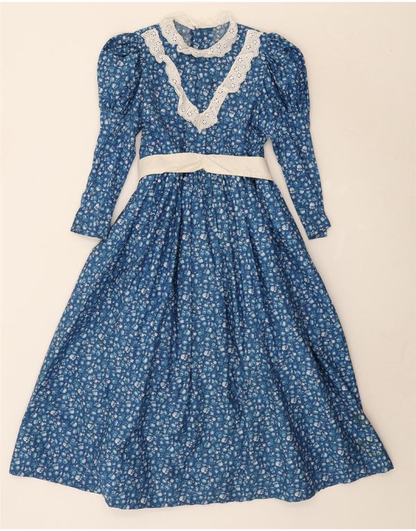 Abito maxi a maniche lunghe da donna vintage UK 10 piccolo floreale blu
