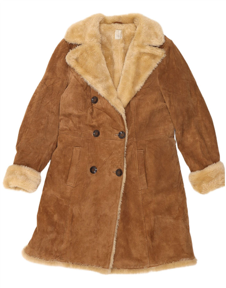 Cappotto in shearling doppio petto da donna Camaieu UK 14 Grande pelle beige