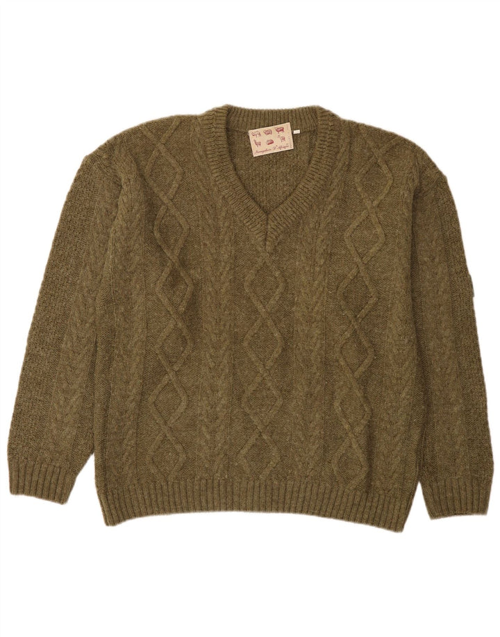 Maglione vintage da uomo con scollo a V, acrilico kaki medio