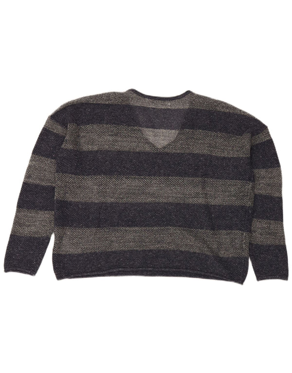 Maglione vintage da donna con scollo a V corto UK 16 grandi righe blu navy