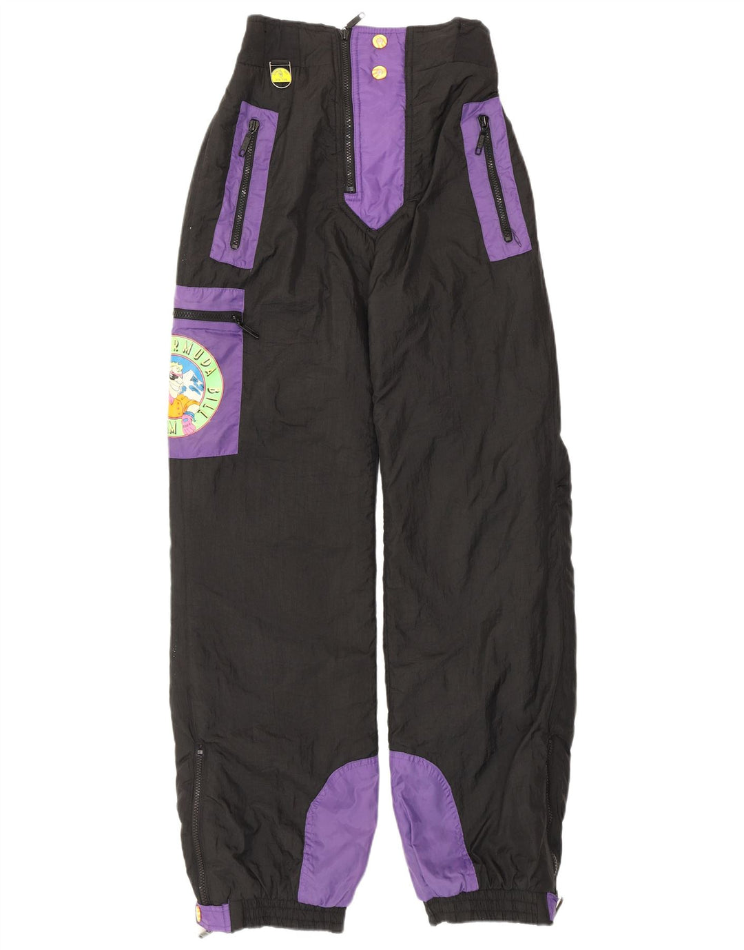 Pantaloni da sci vintage da uomo piccoli in poliestere color block nero