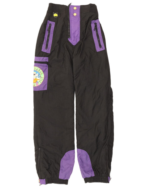 Pantaloni da sci vintage da uomo piccoli in poliestere color block nero