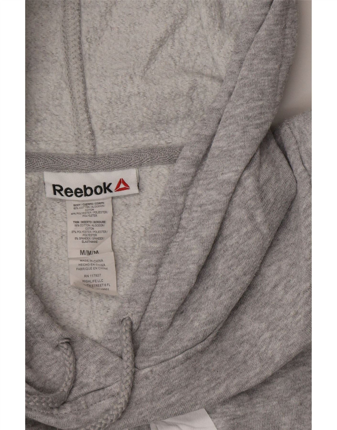 REEBOK Felpa con cappuccio grafica da donna UK 14 Cotone chiazzato grigio medio